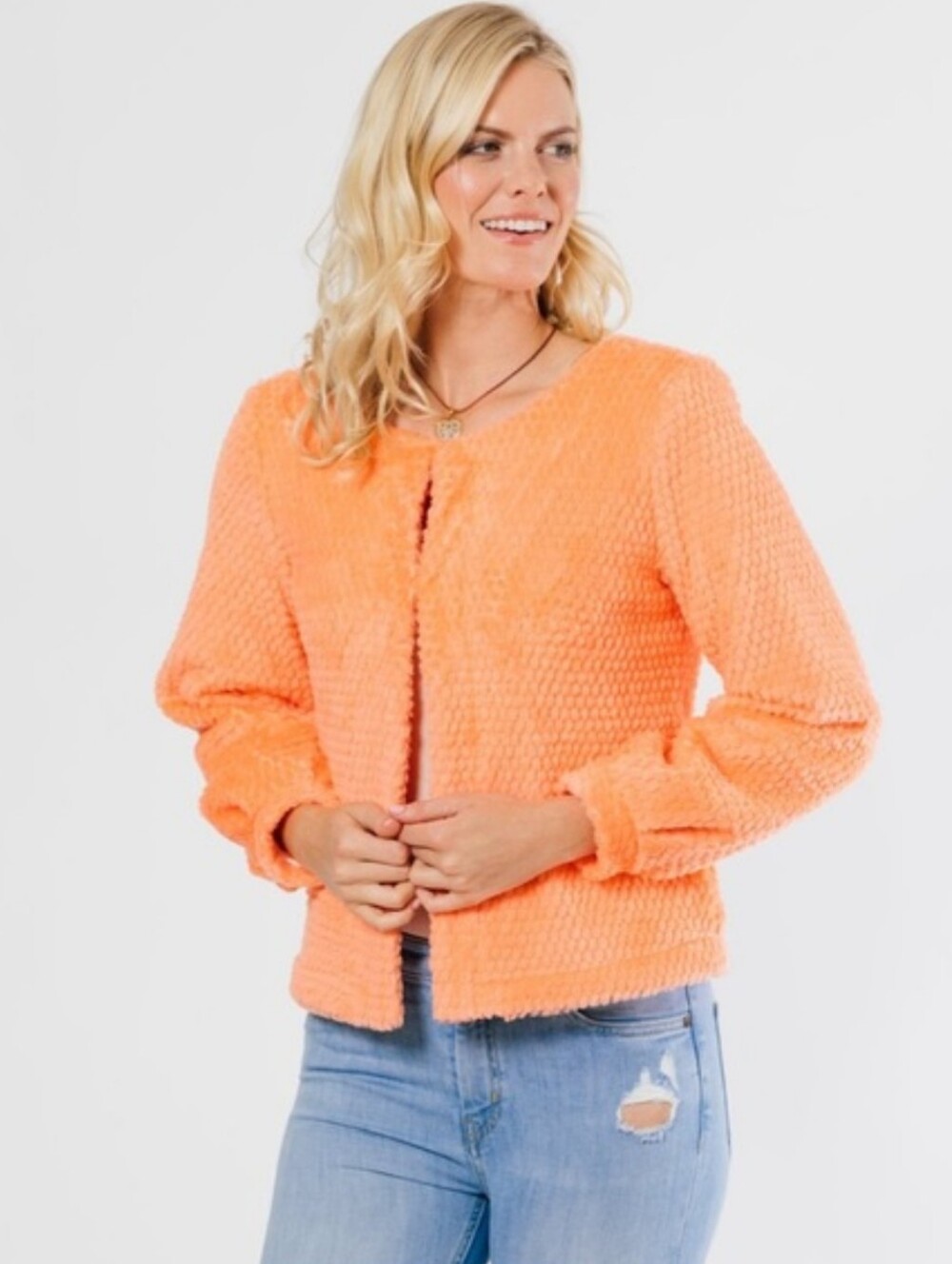 Dudley Stephens Bijou Bubble Fleece Coral Orange Plush Cropped Cardigan Size M